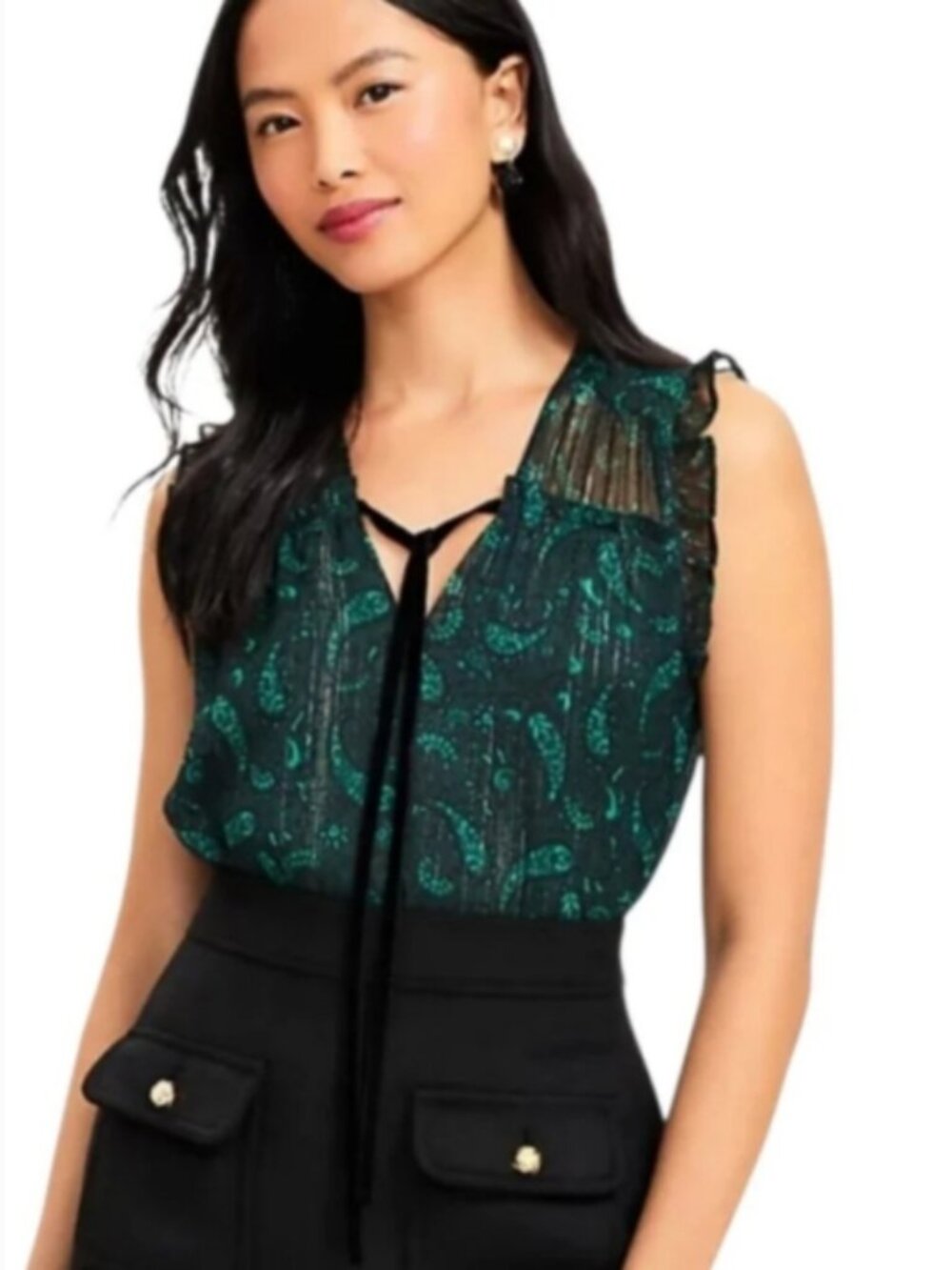 LOFT Emerald Metallic Paisley Blouse | Ruffle Shell | Holiday Top | Size L
